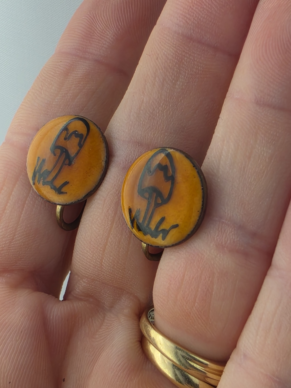 Estate Orange Enamel Copper Mushroom Screw Clip-On Earrings